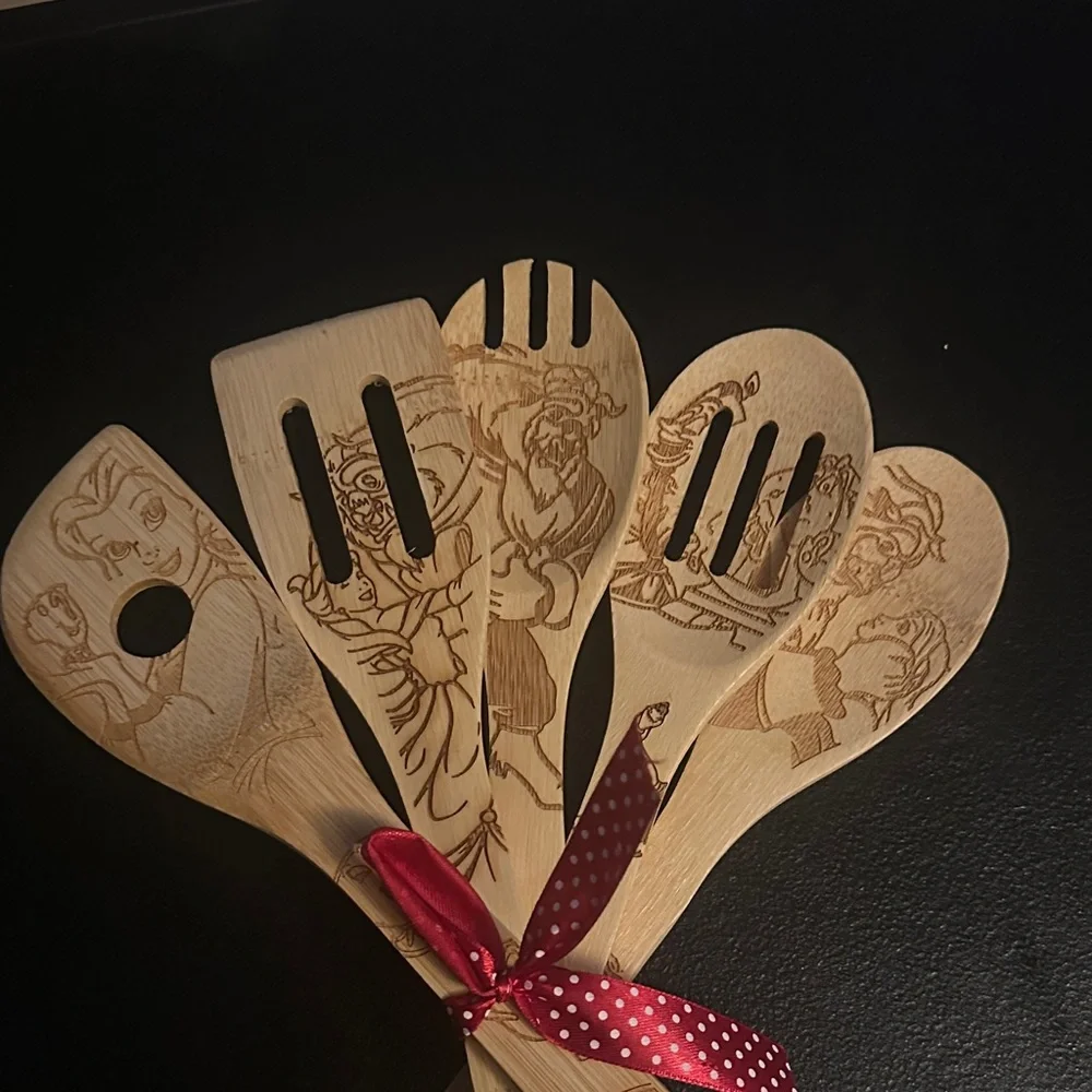 Disney Beauty and the Beast Wooden Utensil Set with Red Ribbon